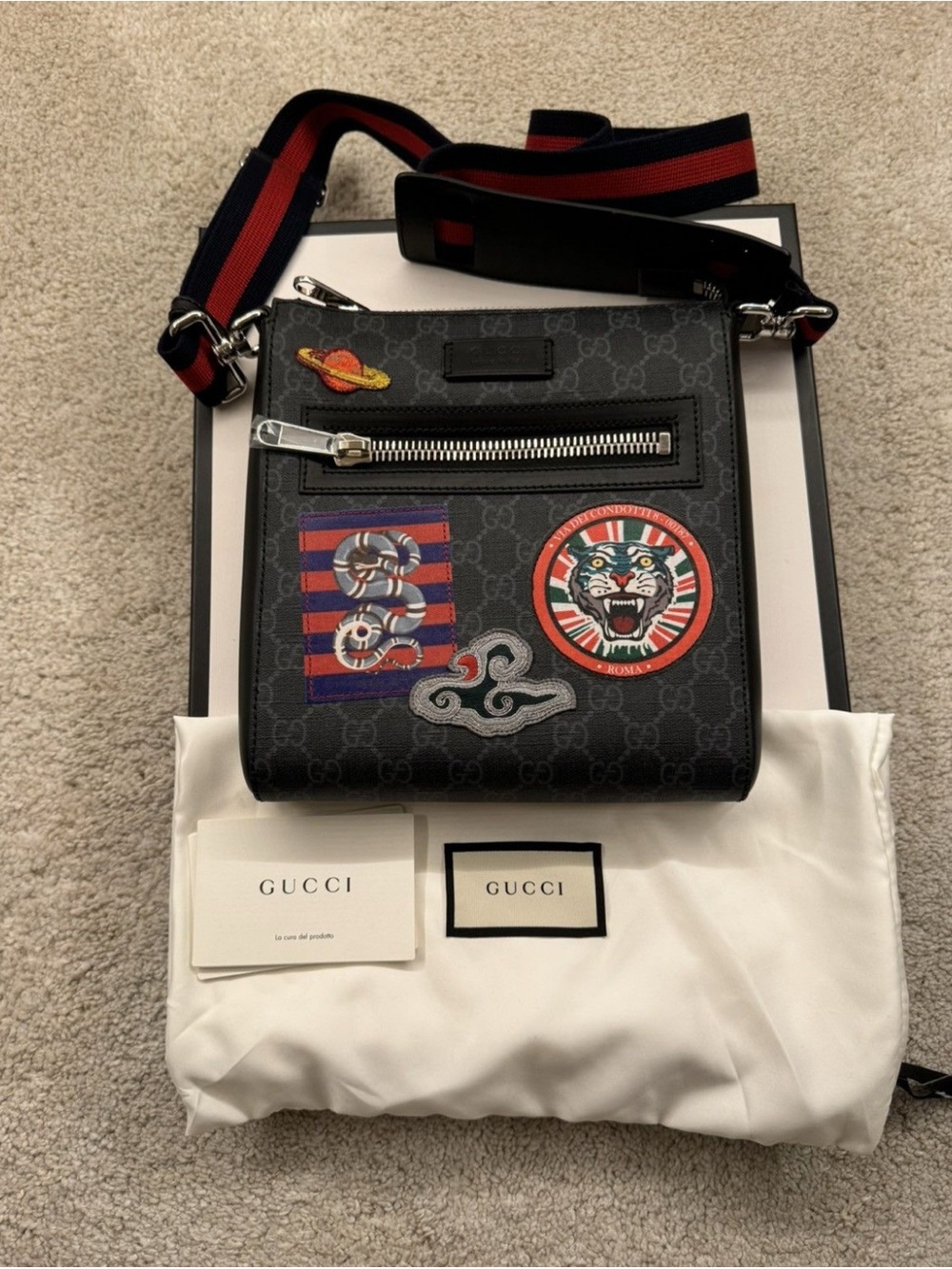 Gucci Black GG Supreme Messenger Bag with Multicolor Patch Accents